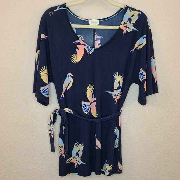 Deletta Tops - Deletta Top Women XS Petite Navy Bird Novelty Print Knit Dolman Sleeve Tie Waist